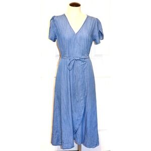 The Gap Denim Blue Wrap Dress Short Flutter Sleeves Tie Belt Womens Snall